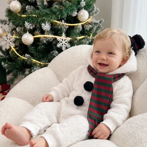 Long Sleeve Hooded Hooded Hooded Jumpsuit Striped Christmas Snowman Baby Christmas Snowman Sleeve Hooded Jumpsuit - Thumbnail Image 2