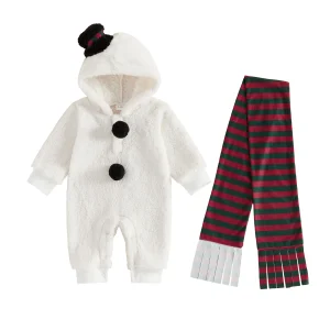 Long Sleeve Hooded Hooded Hooded Jumpsuit Striped Christmas Snowman Baby Christmas Snowman Sleeve Hooded Jumpsuit - Thumbnail Image 7