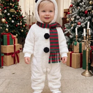Long Sleeve Hooded Hooded Hooded Jumpsuit Striped Christmas Snowman Baby Christmas Snowman Sleeve Hooded Jumpsuit - Thumbnail Image 3