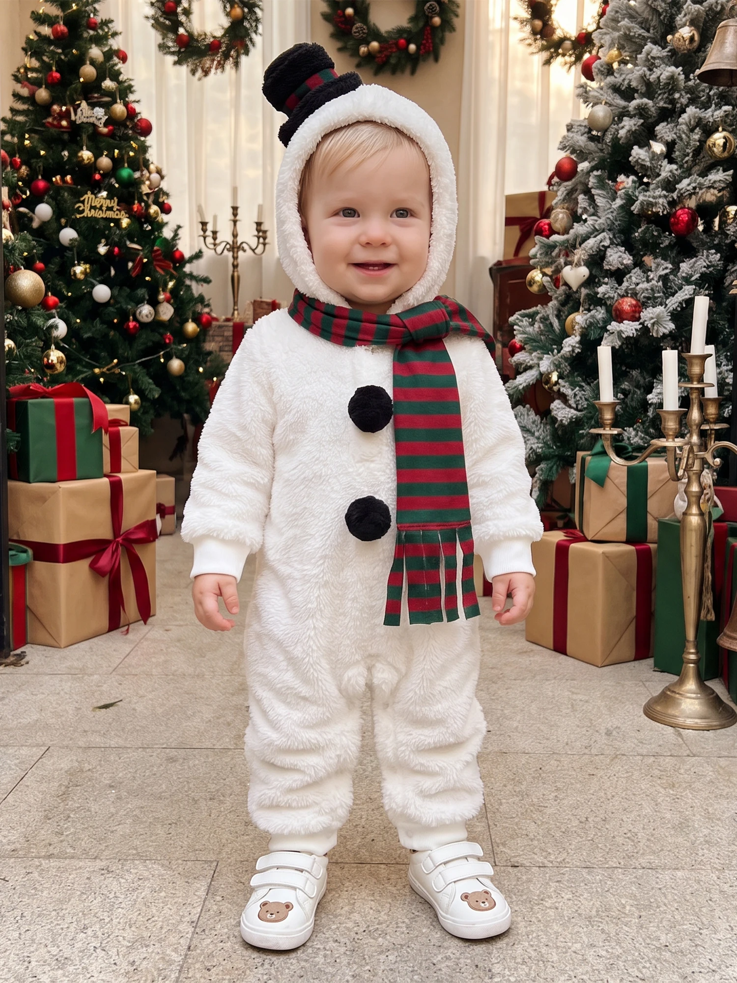 Long Sleeve Hooded Hooded Hooded Jumpsuit Striped Christmas Snowman Baby Christmas Snowman Sleeve Hooded Jumpsuit - Image 3