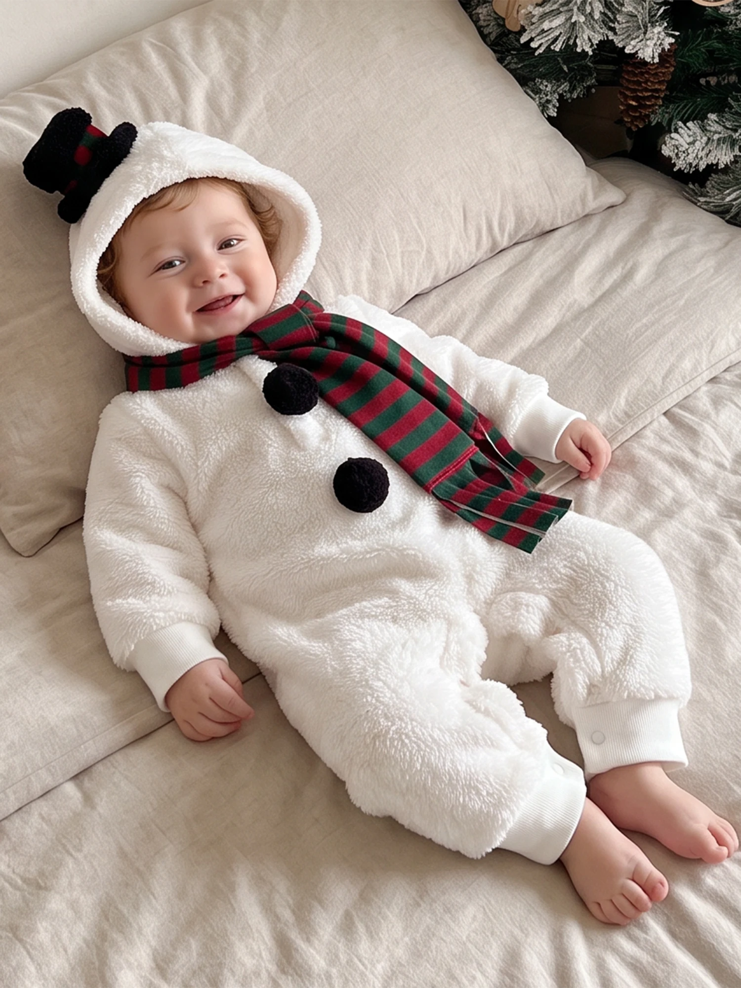 Long Sleeve Hooded Hooded Hooded Jumpsuit Striped Christmas Snowman Baby Christmas Snowman Sleeve Hooded Jumpsuit - Image 1