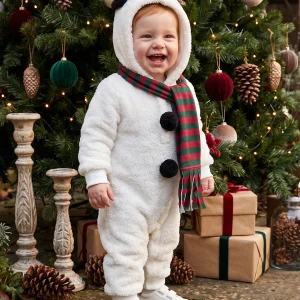Long Sleeve Hooded Hooded Hooded Jumpsuit Striped Christmas Snowman Baby Christmas Snowman Sleeve Hooded Jumpsuit - Thumbnail Image 4