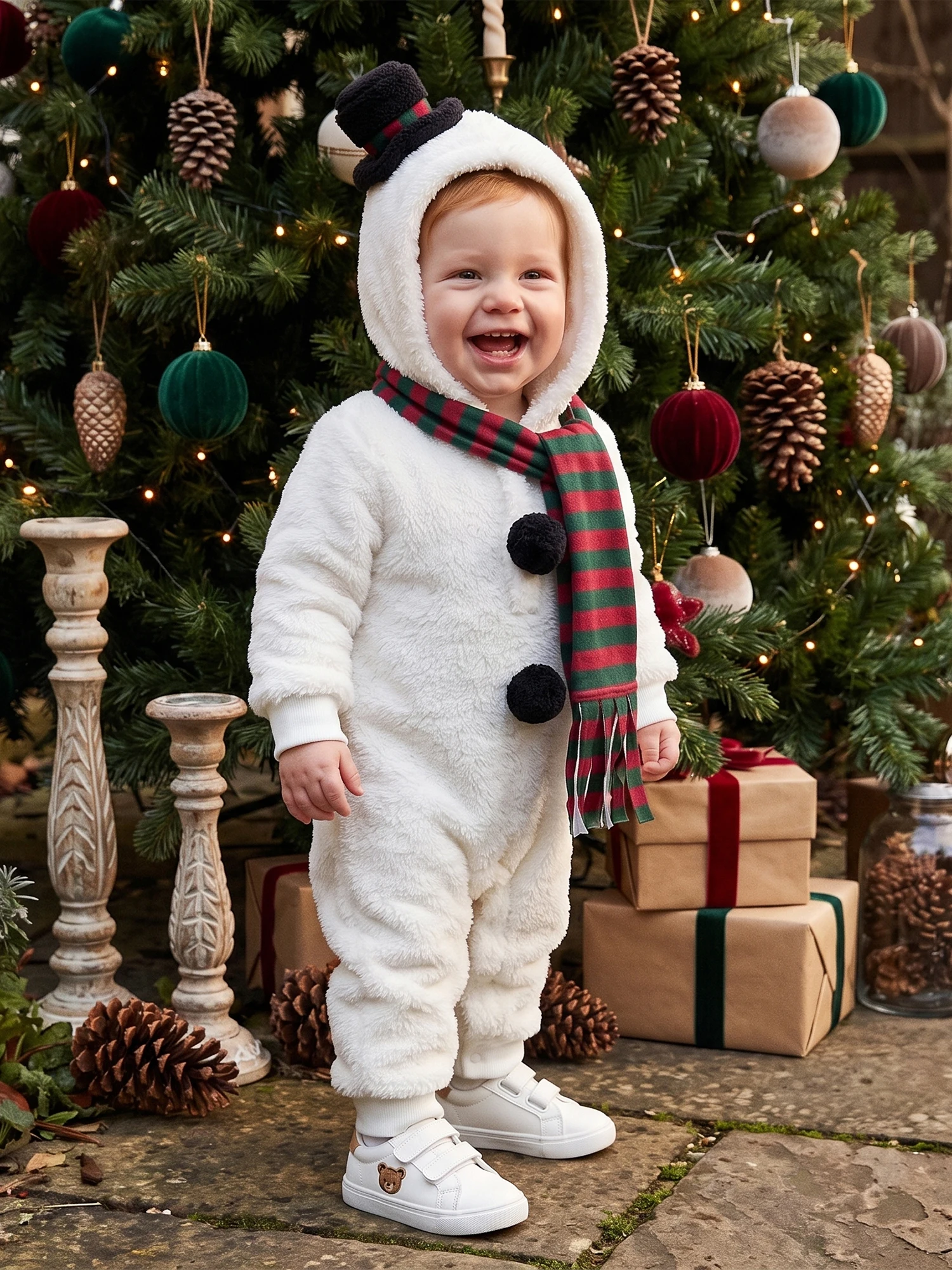 Long Sleeve Hooded Hooded Hooded Jumpsuit Striped Christmas Snowman Baby Christmas Snowman Sleeve Hooded Jumpsuit - Image 4